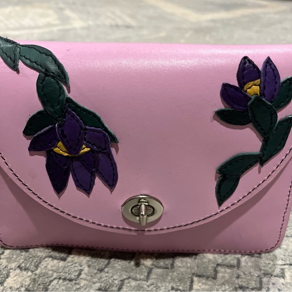 Embroidered Leather Crossbody Purse Adjustable Strap Pink & Purple Flowers Boho - Picture 11 of 12
